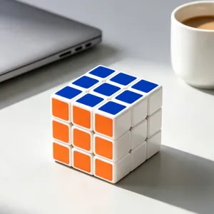 Primer plano de un cubo mágico de velocidad 3x3 liso con bloques azules y naranjas para principiantes.