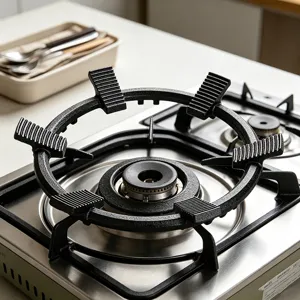 Vue détaillée du support de cuisinière à gaz en fonte universel, grille wok antidérapante.