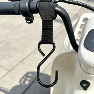 Durable black metal S-shaped electric scooter front hook with strap for handlebars.