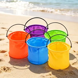 Collapsible portable bucket set in vibrant colors, ideal for beach, camping and art tools.