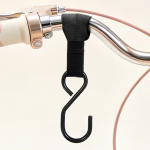 Universal electric bike handlebar hook with durable strap and metal S-hook for hanging items securely.