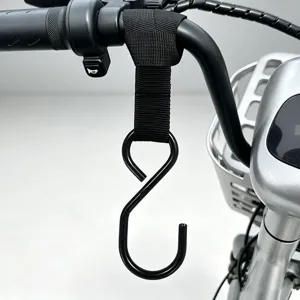 Detailed view of black metal S-hook with sturdy strap mounted on electric scooter handlebar.