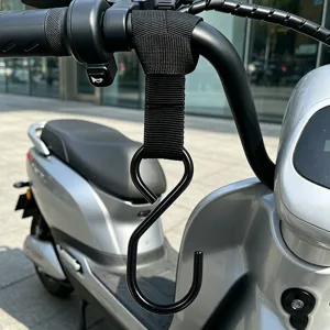 Electric scooter handlebar hook detail showing strong hanging capability and secure strap.