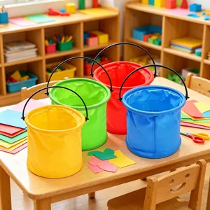 Detailed view of colorful collapsible art buckets, portable brush washers for painting.