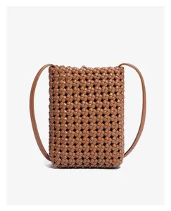 Chic brown woven vertical crossbody phone bag, retro handmade mini shoulder bag for women.