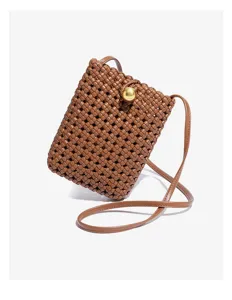 Handmade woven mini phone crossbody bag, retro vertical square shoulder bag for women.