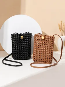Woven Cell Phone Bag For Women PU Leather Crossbody Shoulder Bag Small Square Phone Pouch Metallic Clasp Street Style