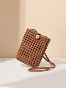 Brown Woven Phone Crossbody Bag Mini Vertical Square Handbag Casual Chic Shoulder Bag
