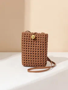 Brown woven phone crossbody bag, minimalist retro single shoulder bag for everyday chic style.