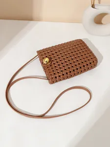 Brown woven mini crossbody phone bag, stylish handmade retro minimalist shoulder bag.