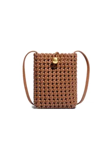 Brown woven leather mobile phone crossbody bag minimalist fashion retro mini shoulder bag