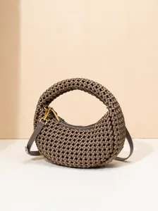 Handgewebte Satin Top Handle Tasche Hohl Ausgeschnittener Windmühlenknoten Runde Handtasche Streetwear Trend Alltäglich Einfarbige Handtasche Für Damen