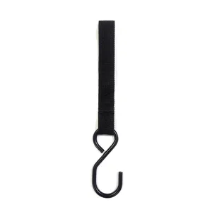 Black fabric strap with metal S-hook detail shot for electric bike handlebar hanging accessory.
