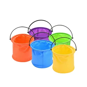 Detail view of colorful folding buckets, featuring portable design in vibrant shades for art.