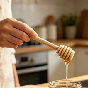 Ξύλινο κουτάλι μέλιτος με μακρύ χερούλι, ιδανικό για συλλογή και διανομή μελιού εύκολα.