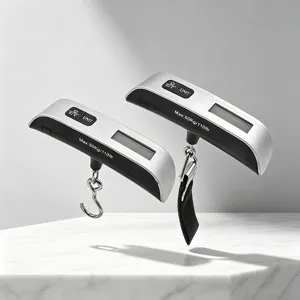 Φορητή ηλεκτρονική ζυγαριά αποσκευών 50kg με ψηφιακή οθόνη, μεταλλικό γάντζο και ιμάντα.
