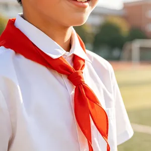 Vue détaillée d'un foulard rouge en coton doux pour étudiants, idéal pour l'uniforme scolaire.