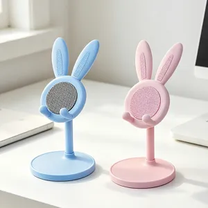 Vista dettagliata del supporto per telefono coniglietto, supporto regolabile rosa blu.