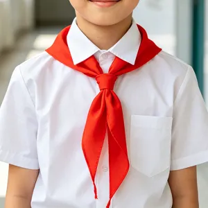 Vue détaillée du foulard rouge triangulaire pour écolier en coton, accessoire d'uniforme.