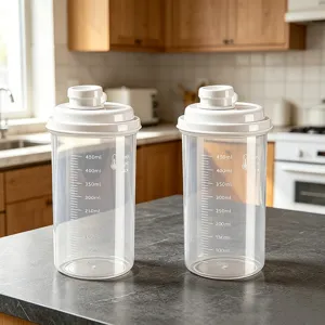 Clear plastic sealed storage jar with measuring scale, ideal for kitchen pantry and food organization.
