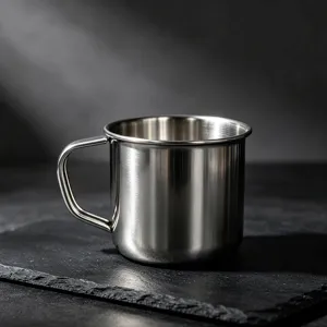 Vista dettagliata tazza in acciaio inox, tazza d'acqua in metallo spessorato con manico ufficio.