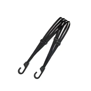 Detail view of black elastic motorcycle luggage strap with hooks and adjustable buckles.