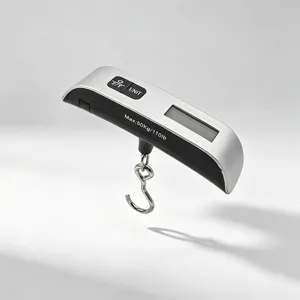Λεπτομέρεια φορητής ψηφιακής ζυγαριάς αποσκευών, χωρητικότητας 50kg με οθόνη LCD.