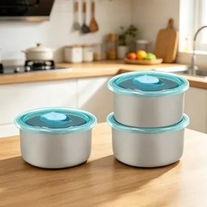 Boites de conservation rondes en acier inoxydable avec couvercle bleu pour cuisine.