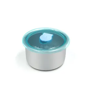 Boîte de conservation ronde en acier inoxydable avec couvercle bleu et valve pour les aliments.