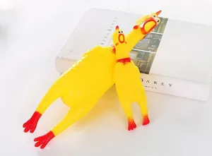 Rubber screaming chicken pet toy, fun squeaky chew toy for dogs and cats, funny stress relief prank toy.