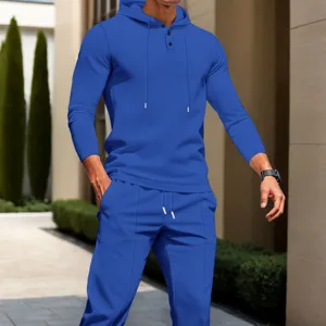 Men waffle knit tracksuit hoodie and long pants set solid color casual fashion daily outfit