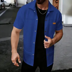 Camicia uomo waffle manica corta con bottoni risvolto casual top tinta unita streetwear