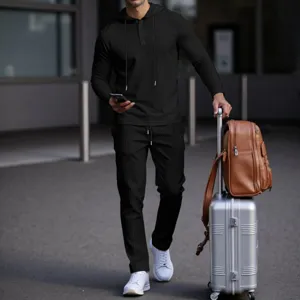 Men's solid color waffle knit hooded sweatshirt and trousers casual two-piece tracksuit set.