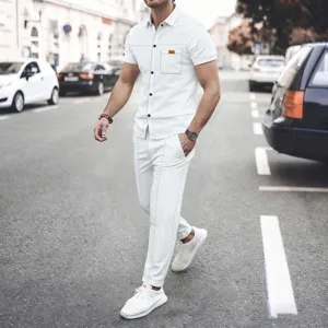 Men casual solid color waffle short sleeve shirt and long pants two piece set outfit