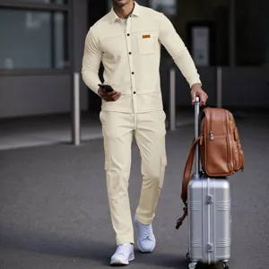 Men waffle knit casual set with pocket lapel button jacket and matching cargo pants detail.