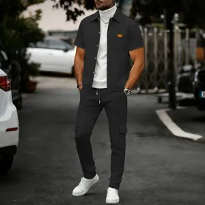 Men's casual waffle knit lapel short sleeve shirt and cargo pants outfit set for daily wear.