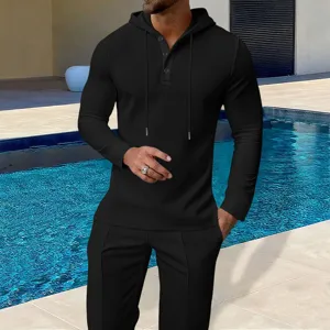 Men's waffle knit tracksuit solid color button hoodie and long pants casual two piece set for daily wear.