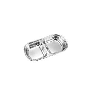 Stainless steel dual compartment dipping sauce dish, perfect for BBQ, hot pot and condiments.