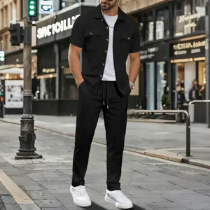 Men Casual Waffle Solid Color Lapel Workwear Pocket Jacket And Trousers Top And Bottom Fashion Streetwear