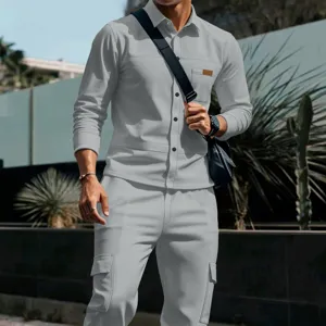 Men waffle casual suit with solid lapel button jacket and matching cargo pockets pants for daily wear.