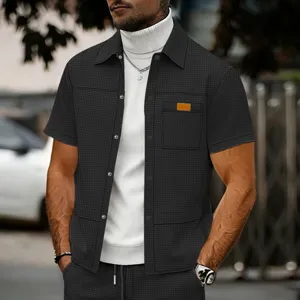 Camicia Polo Casual a Manica Corta in Maglia Waffle da Uomo con Bottoni Revers Cardigan Top Estivo