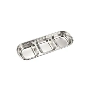 Stainless steel 3-compartment dipping sauce dish detail view metal condiment plate