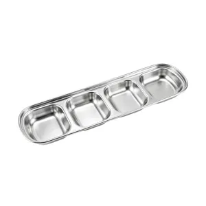 Stainless steel dipping sauce dish, 4-compartment condiment plate for BBQ hot pot.