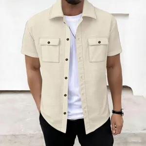 Men waffle knit short sleeve shirt casual button down shirt with pockets beige summer top