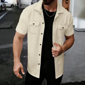 Men waffle short sleeve shirt casual button down lapel top with chest pockets detail