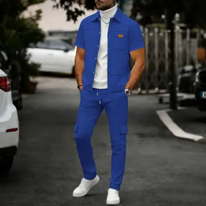 Men's casual waffle knit short sleeve jacket and cargo pants outfit detail view in street style.