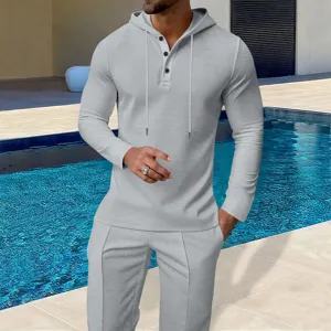 Men's waffle solid color button hoodie long sleeve top and pants casual two-piece set