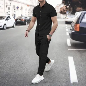 Men's casual waffle solid color lapel utility pocket short sleeve shirt and cargo pants set.