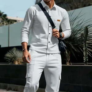 Men waffle knit casual suit set solid color lapel button cargo jacket and pants outfits.