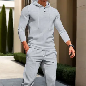Men's waffle knit tracksuit two piece set long sleeve hoodie and casual pants light gray